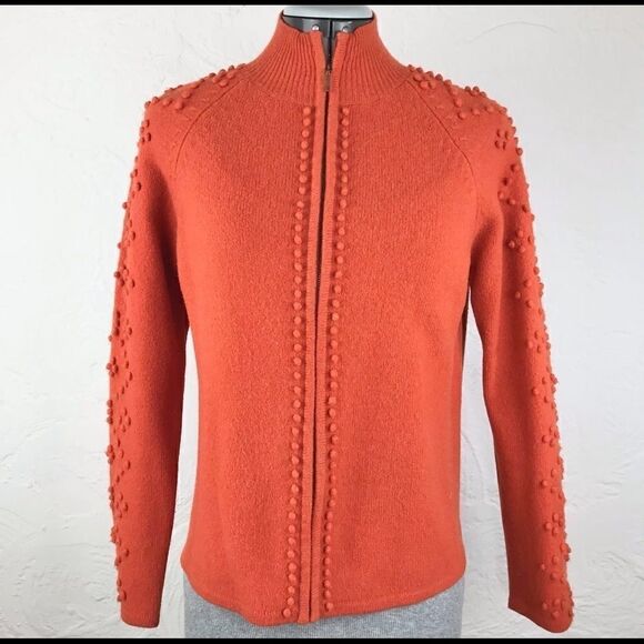 Mercer & Madison Orange Pompoms 100% Lambs Wool Cardigan Zip up Sweater - Picture 1 of 14